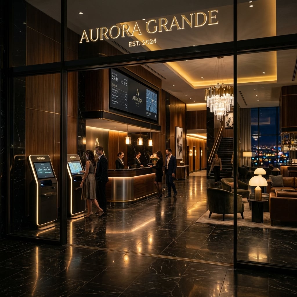 Luxury hotel lobby with modern technology