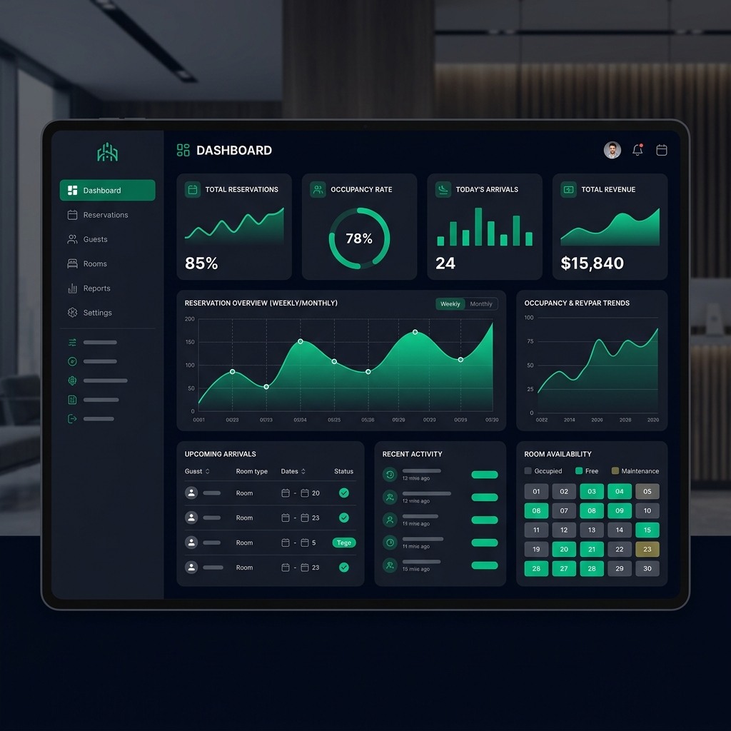 Otel yönetim programı kontrol paneli ekranı